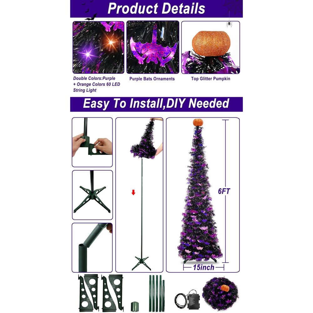 7288 Timer & Pumpkin - 6 Ft Lighted Halloween Tree Decor with 60 LED Orange - Picture 4 of 6